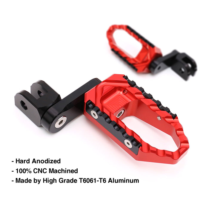 Front view of MC Motoparts 40mm adjustable wide foot pegs for Moto Guzzi V9, V7, V100 TRC touring motorcycle in black finish.