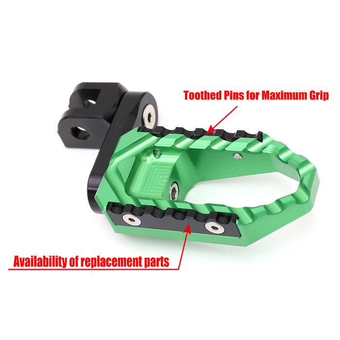 MC Motoparts 40mm extension foot pegs for Moto Guzzi V9, V7, V100 TRC touring models, featuring wide, adjustable design in black.