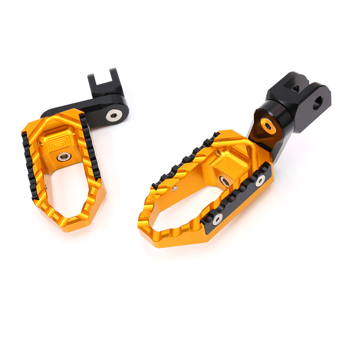 Front view of MC Motoparts 40mm extension touring foot pegs for Moto Guzzi V9, V7, and V100 with adjustable wide design.