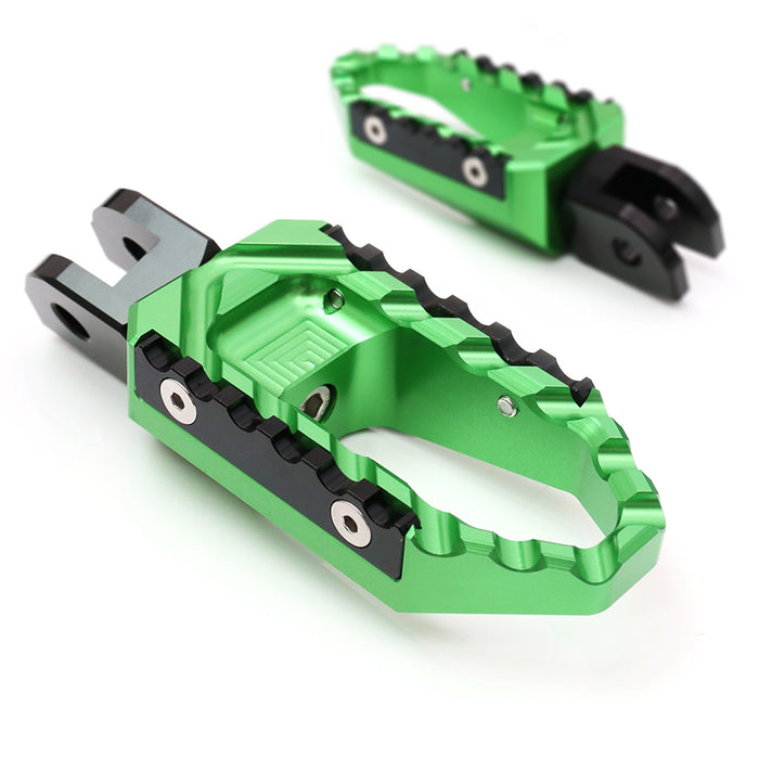 Front view of MC Motoparts touring wide foot pegs for Moto Guzzi V9, V7, V100 motorcycles, showing black and chrome finish.