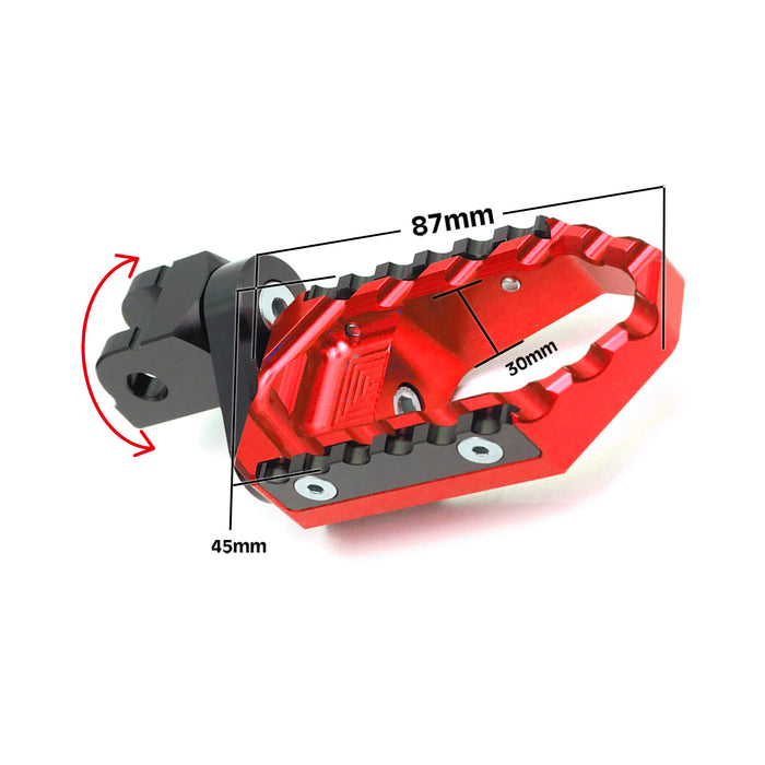 Black 25mm extension foot pegs for Suzuki GSF650 and GSF1250 touring motorcycles by MC Motoparts, front view.