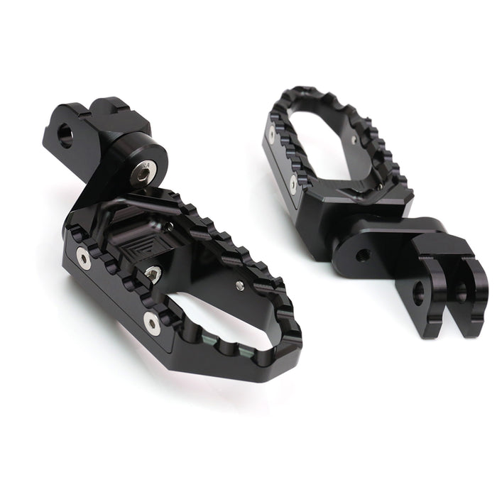 MC Motoparts 25mm extension foot pegs for Suzuki GSX-R 1000, 600, 750 touring motorcycle, shown in black with extended design