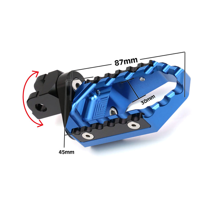 Suzuki GSX-R motorcycle with MC Motoparts 25mm wide extension foot pegs, front view, black adjustable touring footrests.