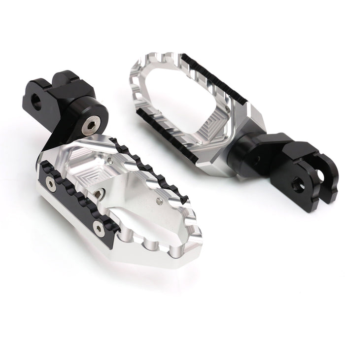 MC Motoparts 25mm extension foot pegs for Suzuki GSX-R 1000, 600, 750 touring motorcycle, front view with black metal design