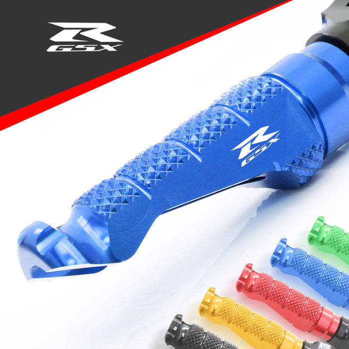Front view of MC Motoparts R-FIGHT engraved logo motorcycle foot pegs for Suzuki GSXR 600 and 1000 models.