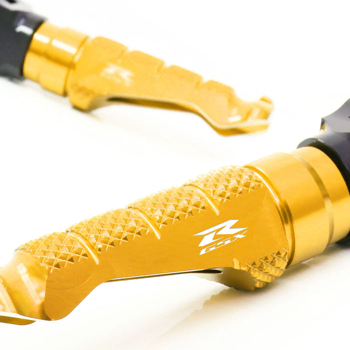 Suzuki GSXR 600 1000 R-FIGHT engraved logo standard foot pegs by MC Motoparts, front view showing durable metal construction