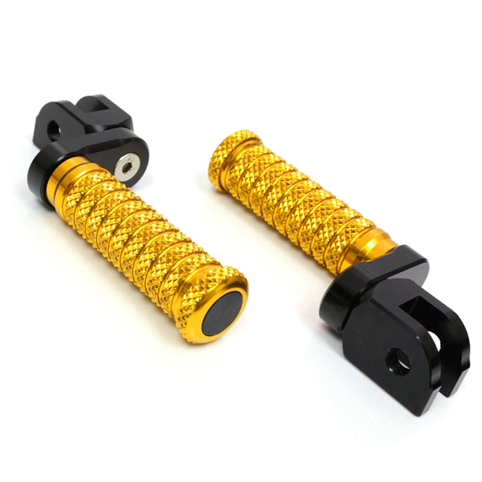 Front view of MC Motoparts 25mm extension foot pegs for Triumph America, Bonneville, Daytona 675, featuring adjustable poles and gold finish.