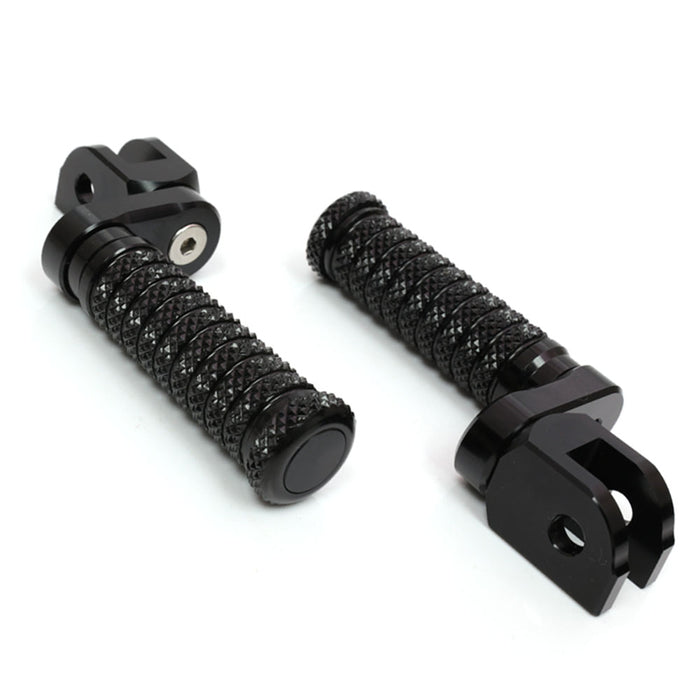 Black 25mm extension foot pegs for Triumph America Bonneville Daytona 675 motorcycle, featuring adjustable POLE design by MC Motoparts.
