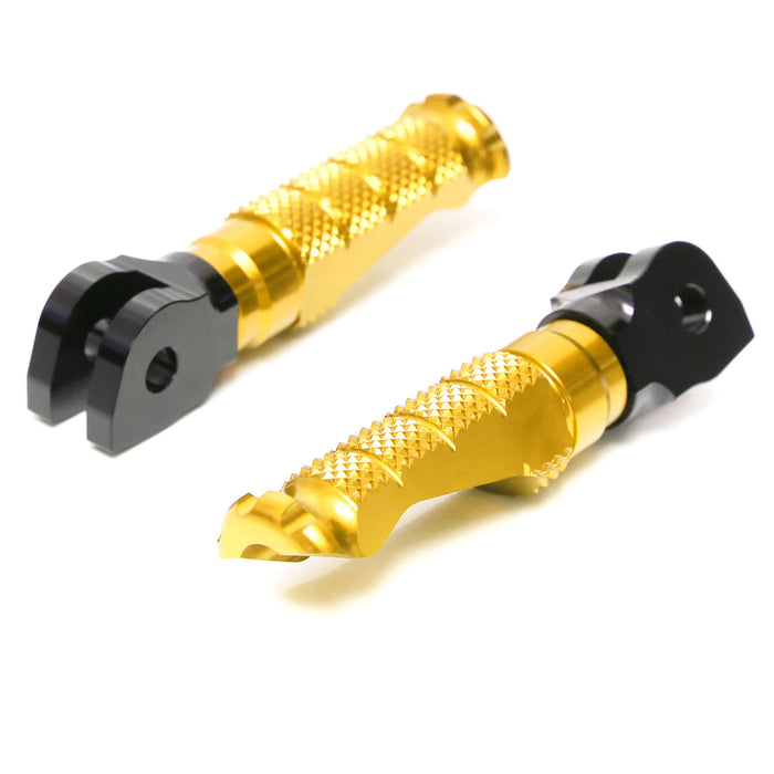 Front MC Motoparts Triumph Daytona 675 Thruxton R foot pegs, standard motorcycle foot pegs with metal finish and mounting hardware.