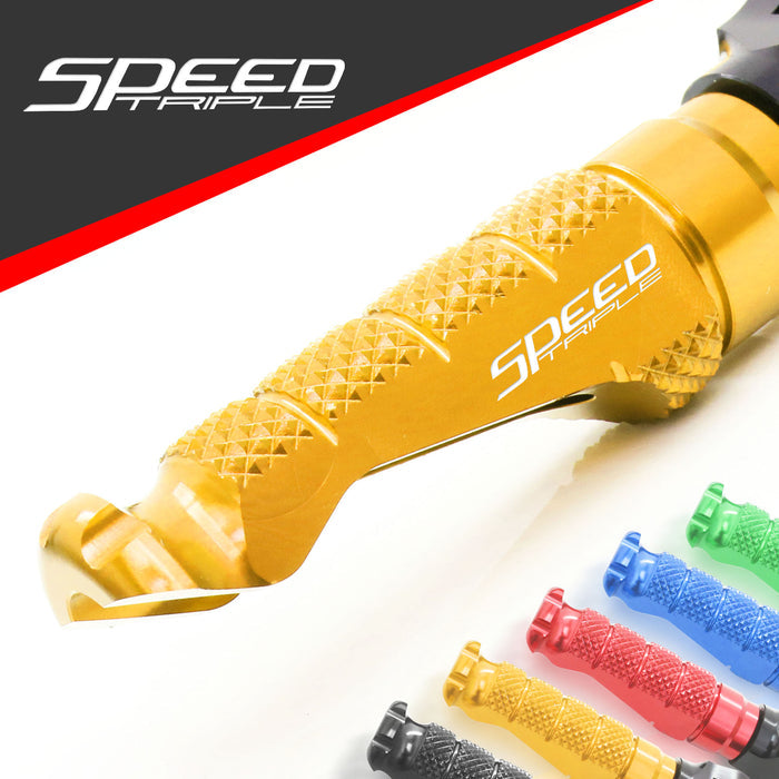 Triumph Speed Triple engraved logo R-FIGHT foot pegs by MC Motoparts, standard motorcycle foot pegs with detailed logo design.