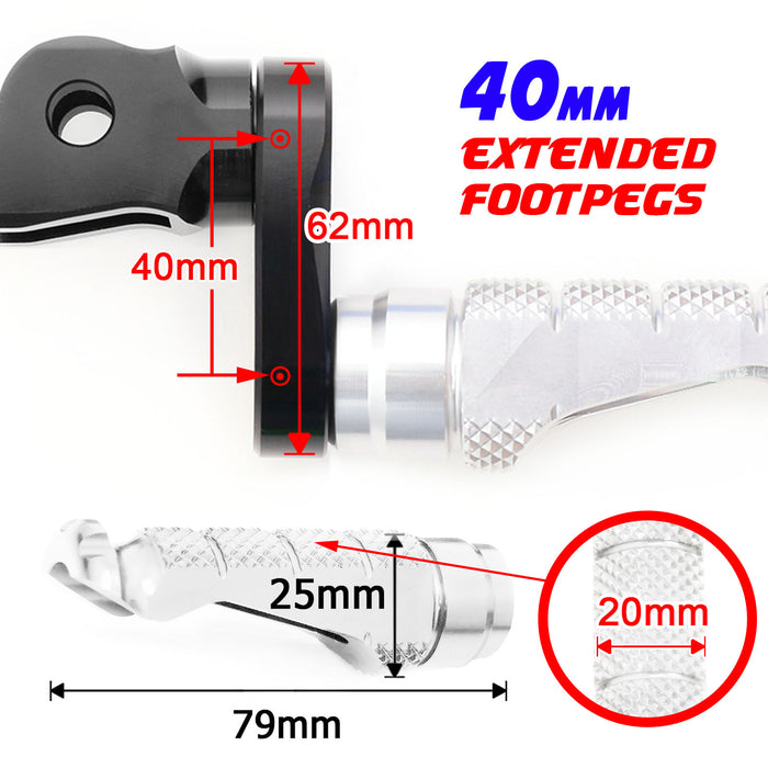 Front view of MC Motoparts 40mm extension foot pegs for Triumph Speed Triple Street Cup, showing adjustable metal footrests.
