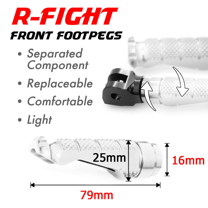 Front view of MC Motoparts R-FIGHT standard foot pegs for Triumph Speed Triple Street Cup motorcycle, showing detailed metal design.