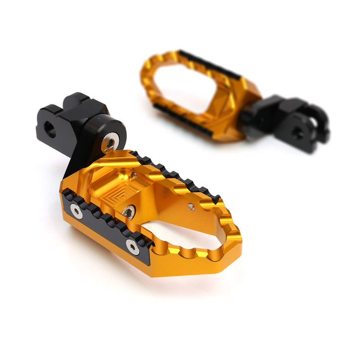 Black Triumph Street Triple 675 adjustable front touring foot pegs with 25mm extension by MC Motoparts mounted on motorcycle.