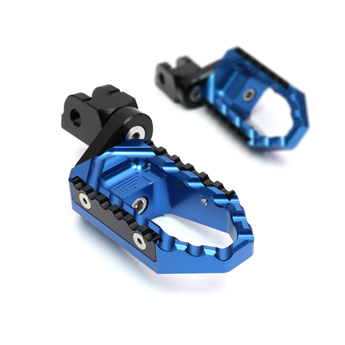MC Motoparts touring 25mm extension foot pegs for Triumph Street Triple 675 TRC, front view showing adjustable design and black finish.