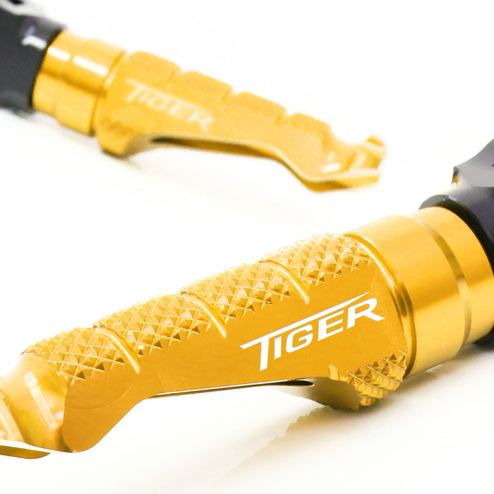 Front view of MC Motoparts R-FIGHT Triumph Tiger engraved logo standard foot pegs for motorcycle.
