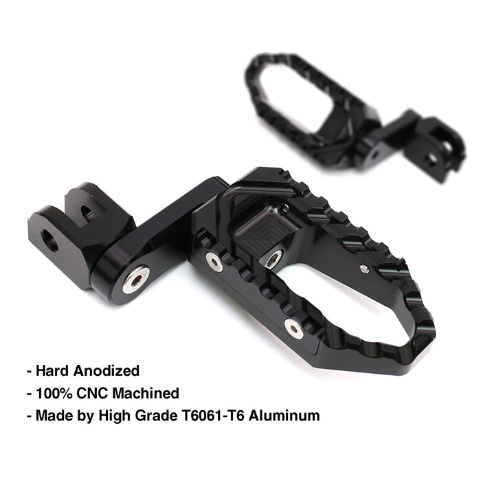 MC Motoparts 40mm extension foot pegs for Tuono 125 660 1000 V4R TRC Touring, showing adjustable wide footrests on motorcycle.