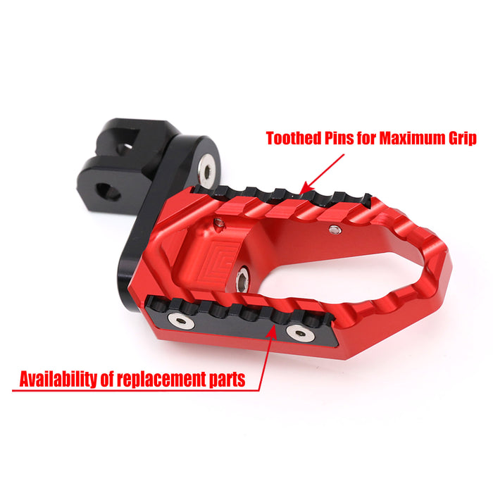 MC Motoparts 40mm extension foot pegs for Tuono 125, 660, 1000 V4R TRC Touring, showing wide, adjustable foot pegs on motorcycle.