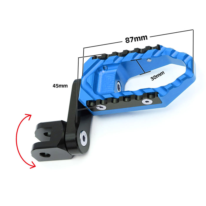 Front view of MC Motoparts 40mm extension touring foot pegs for Tuono 125, 660, 1000 V4R TRC motorcycle with adjustable wide design.