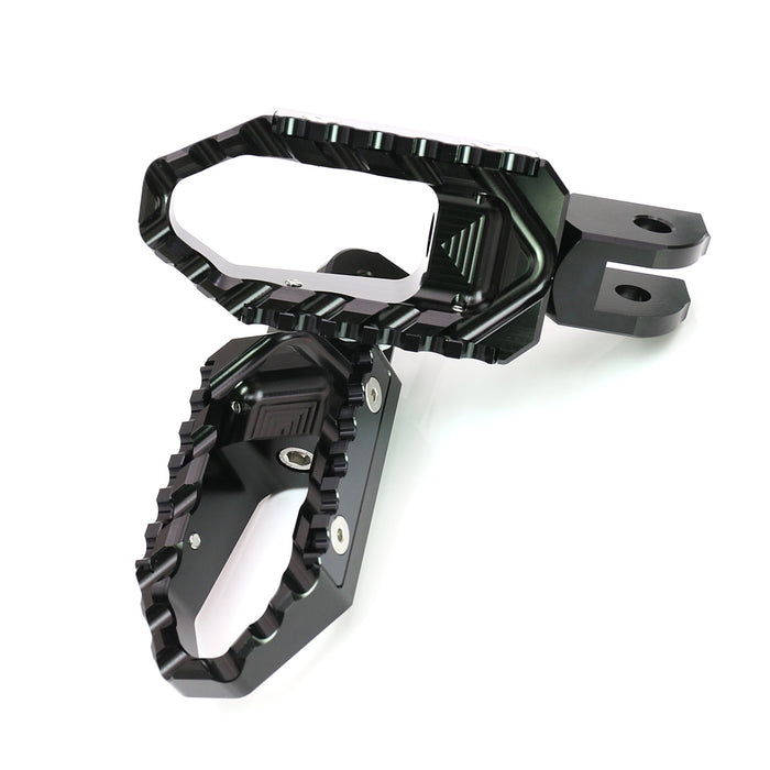 MC Motoparts touring wide front foot pegs for Tuono 125, 660, 1000 V4R TRC motorcycle, standard style with black finish.
