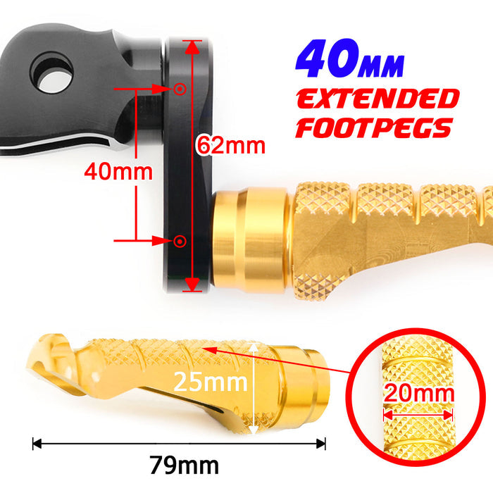 Front view of MC Motoparts 40mm adjustable foot pegs for Yamaha FZ1, FZ6, FZ8, MT-09, and MT-07 motorcycles.