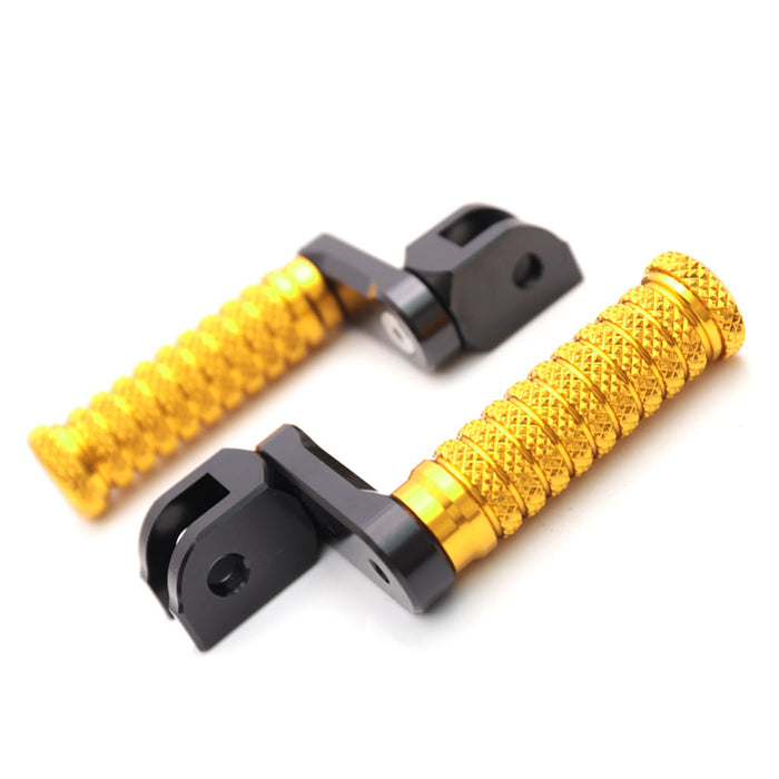 Front view of MC Motoparts 40mm extension foot pegs for Yamaha FZ1, FZ6, FZ8, MT-10, and MT-03 motorcycles, adjustable pole design.