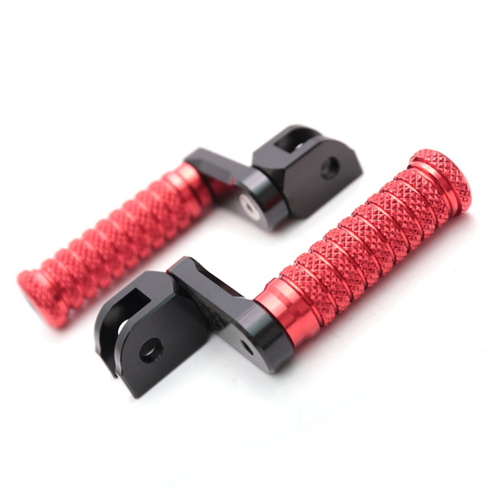 Red 40mm extension foot pegs for Yamaha FZ1, FZ6, FZ8, MT-10, and MT-03 by MC Motoparts, showing front view of adjustable pole footrests.