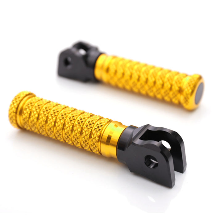 Pair of MC Motoparts standard front pole foot pegs for Yamaha YZF R1, R3, R6, R25, and R125 motorcycles, showing metal construction.