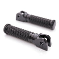 Black MC Motoparts front pole foot pegs for Yamaha YZF R1, R3, R6, R25, and R125 motorcycles, showing the standard design and mounting points.