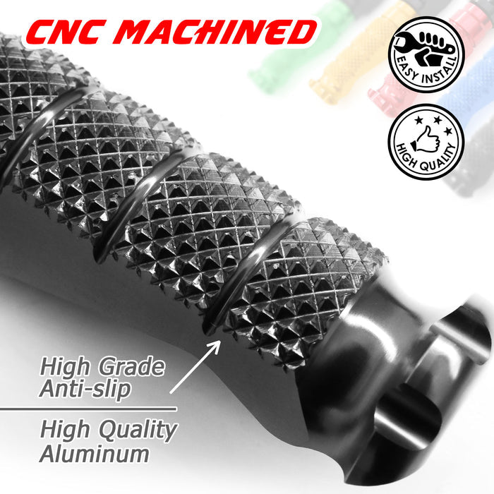 Front R-FIGHT foot pegs for Aprilia RSV1000 R motorcycle, engraved logo, standard black metal design by MC Motoparts