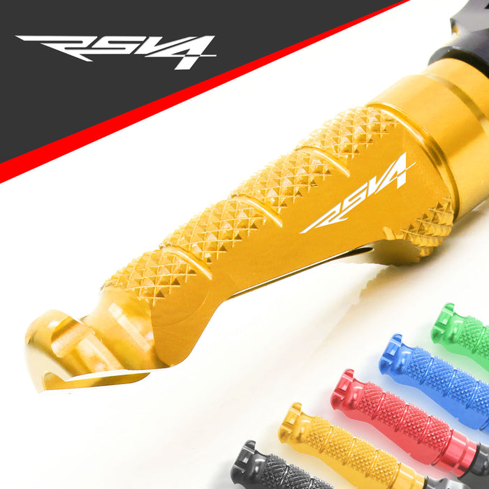 Front MC Motoparts R-FIGHT engraved logo foot pegs for Aprilia RSV4 1000 R motorcycle, featuring durable metal construction and detailed branding.