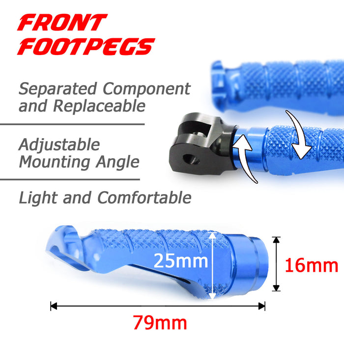 Front R-FIGHT foot pegs for Aprilia Tuono V4R 2011-2024 by MC Motoparts, engraved logo, sturdy metal motorcycle foot pegs