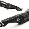 Kawasaki Z650 2017-2026 R-FIGHT front engraved logo motorcycle foot pegs by MC Motoparts, standard black metal design