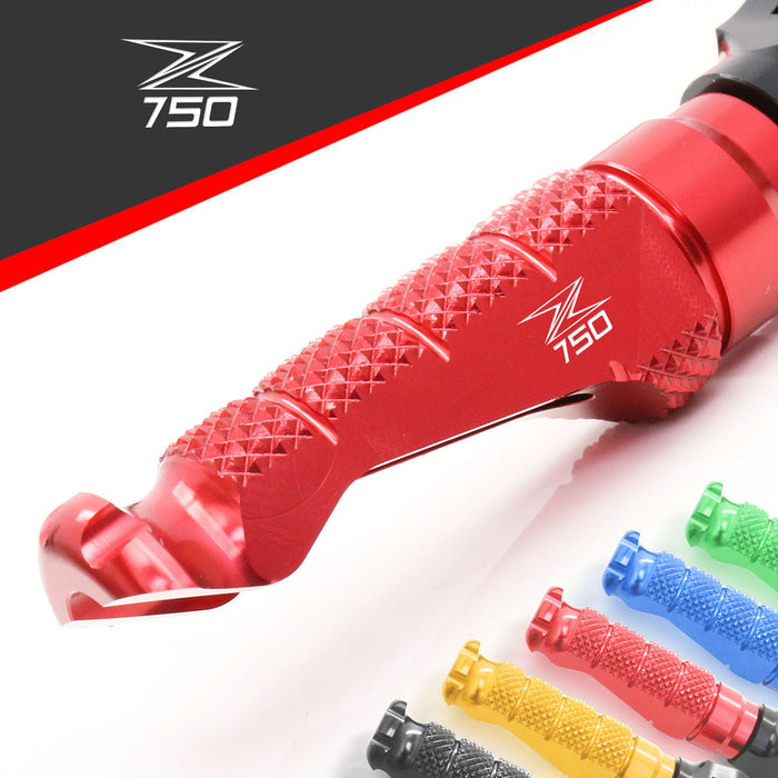 Front MC Motoparts R-FIGHT foot pegs for Kawasaki Z750 R S 04-13 with engraved logo, designed for motorcycle footrest support.