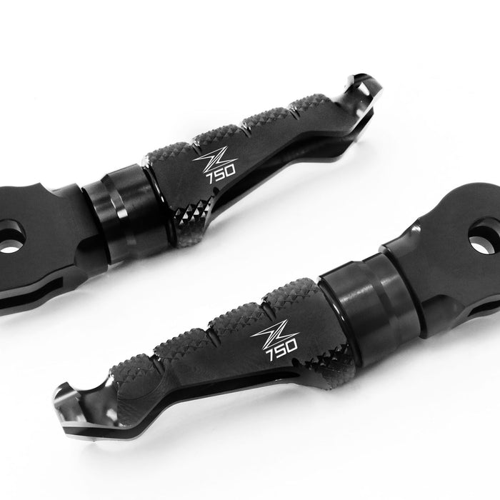 Kawasaki Z750 R S 2004-2013 MC Motoparts R-FIGHT front engraved logo foot pegs, standard motorcycle foot pegs for rider comfort