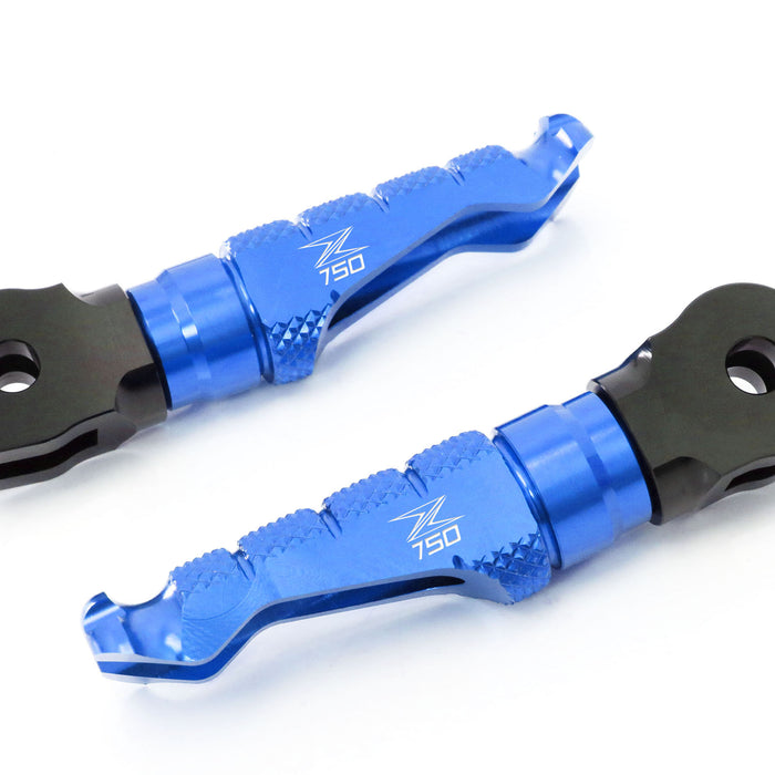 Kawasaki Z750 R S 2004-2013 engraved logo R-FIGHT front foot pegs by MC Motoparts, standard motorcycle foot pegs with engraved logo.