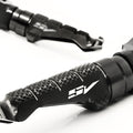Suzuki SV650 SV1000 front R-FIGHT engraved logo standard foot pegs by MC Motoparts, black metal motorcycle footrests.