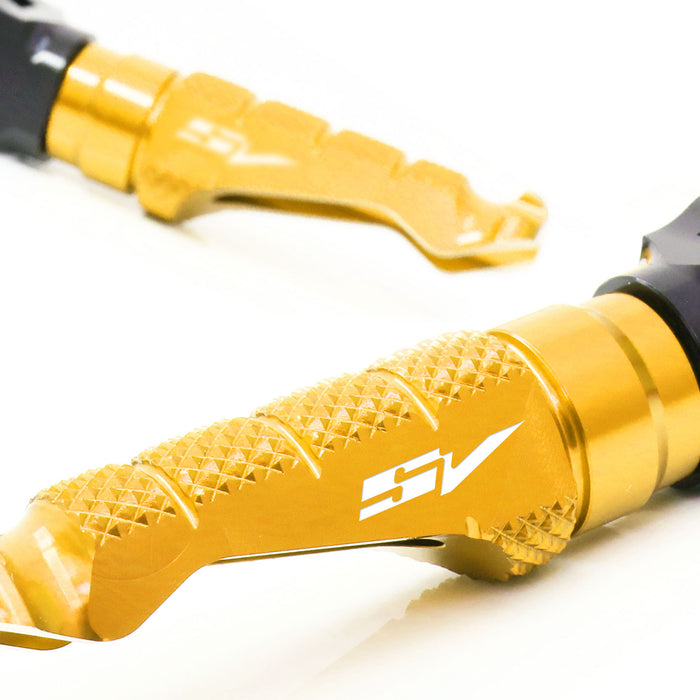 Front MC Motoparts R-FIGHT engraved logo foot pegs for Suzuki SV650 and SV1000 motorcycle, standard style, metal construction.