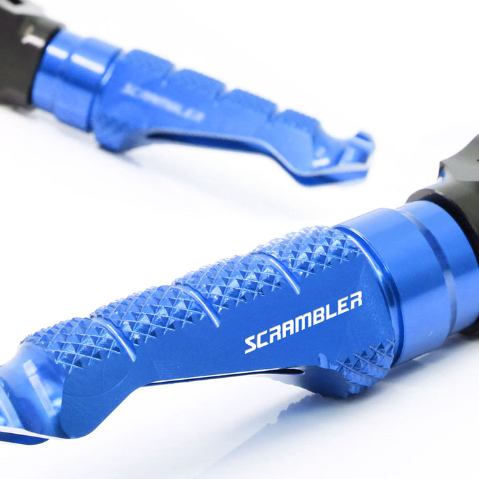 Triumph Scrambler engraved front rider Blue Foot Pegs
