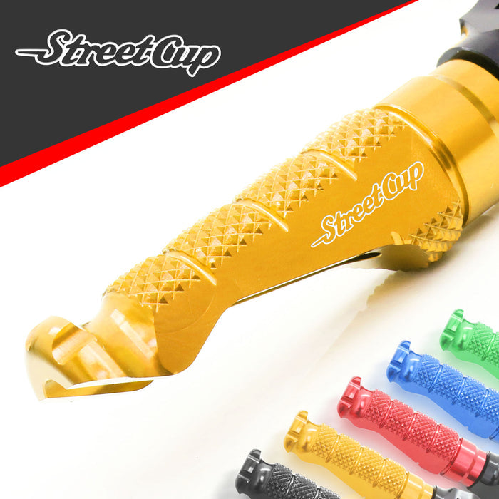 Front engraved logo R-FIGHT foot pegs for Triumph Street Cup 2017-2020, standard motorcycle foot pegs by MC Motoparts.
