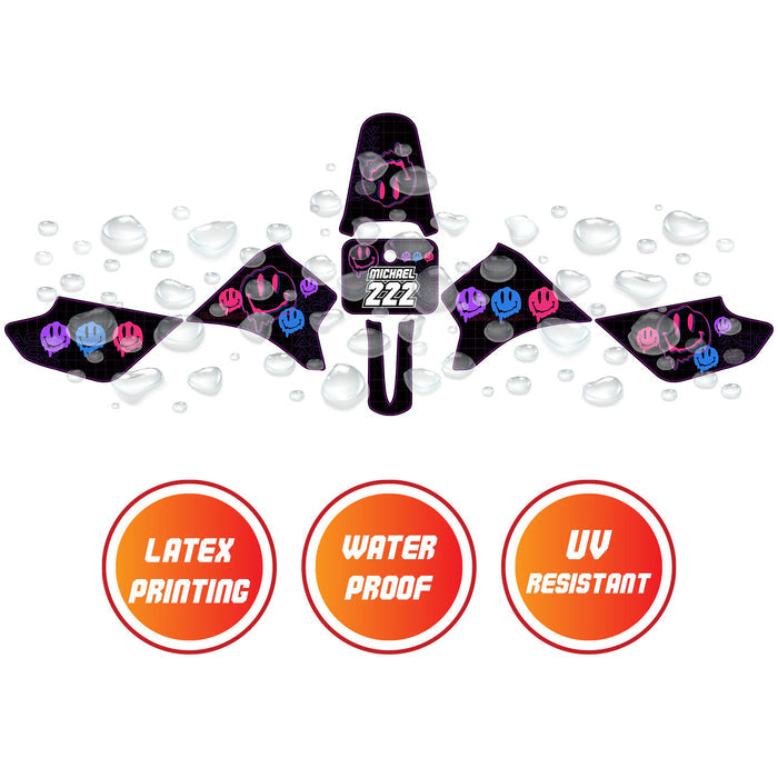 Fairing sticker decal with dissolve smiley face design for Razor MX350 MX400 bikes, custom number from StickerBao.