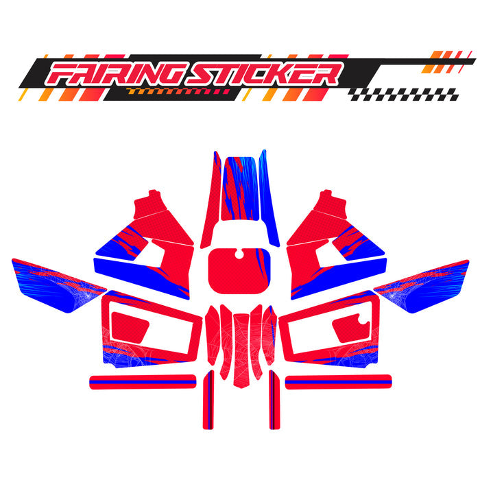 Red and blue spider web graphic kit decal for Razor MX350 MX400 fairing sticker, custom number and StickerBao branding.