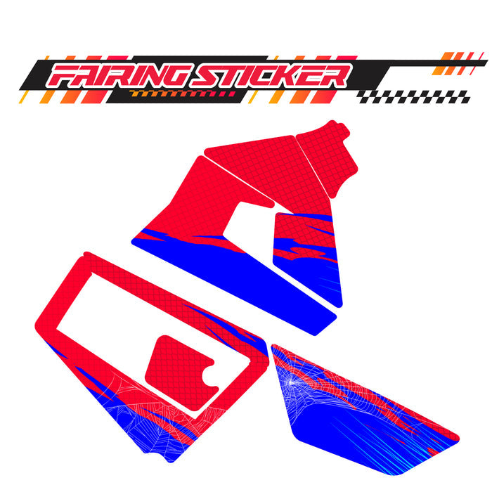 Red and blue spider web graphic kit decal for Razor MX350 and MX400 fairings, custom number sticker by StickerBao.