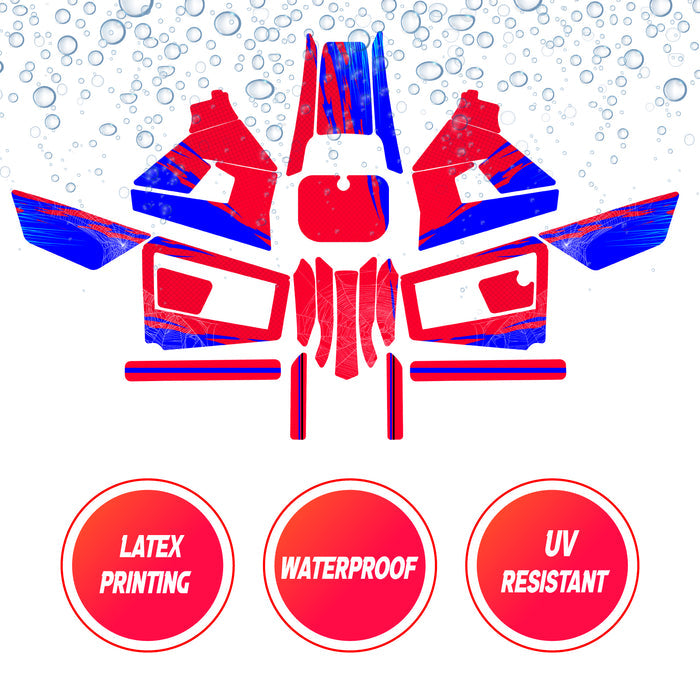 Red and blue spider web graphic kit decal for Razor MX350 MX400 fairing, custom number sticker by StickerBao.
