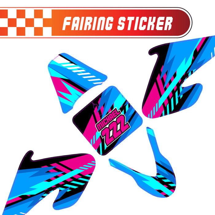 Blue geometric burst fairing sticker decal for Razor MX500 MX650, custom number graphic kit by StickerBao.