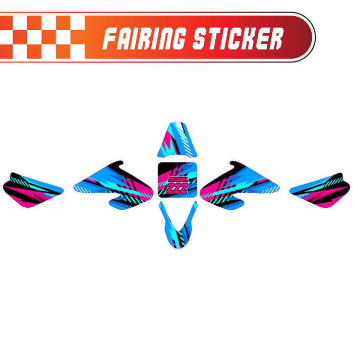 Blue geometric burst graphic kit decals for Razor MX500 MX650 fairing stickers by StickerBao, custom number design.