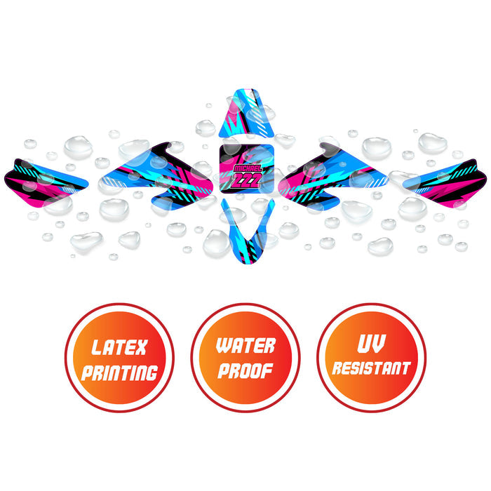 Blue geometric burst graphic kit decals for Razor MX500 and MX650 fairing stickers by StickerBao, featuring custom number design.