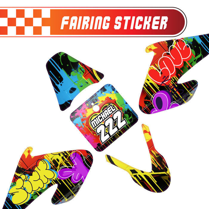Graphic kit decals fairing sticker with custom number for Razor MX500 and MX650, featuring street graffiti design by StickerBao.