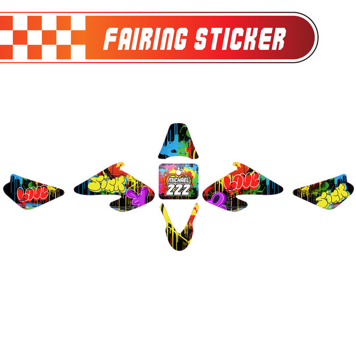 Graphic kit decals fairing sticker with custom number for Razor MX500 and MX650, featuring street graffiti design by StickerBao.