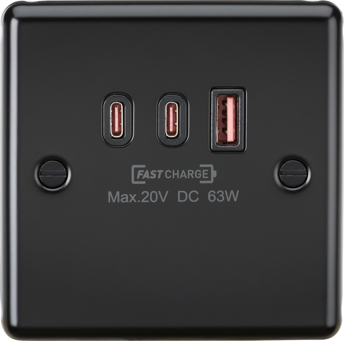 Knightsbridge MLA CL63WMB 230V Triple USB Charger Plate 2xUISB-C 1xUSB-A [20V DC Max. 63W] - Matt Black