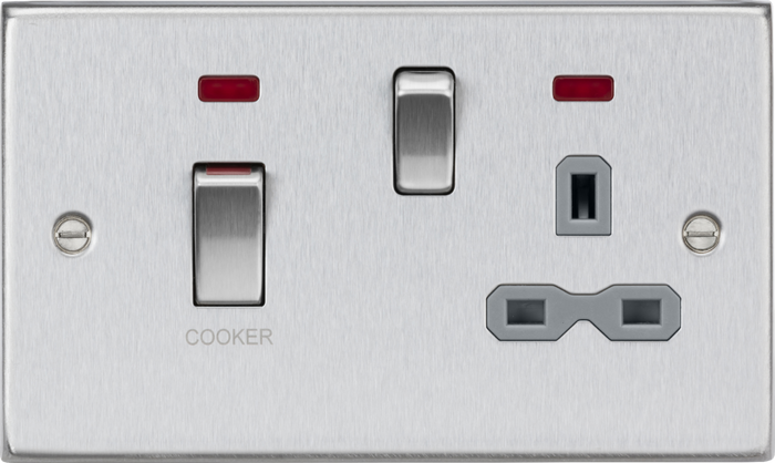 Knightsbridge MLA CS83MNBCG 45A DP Switch & 13A Socket with Neons - Brushed Chrome with Grey Insert